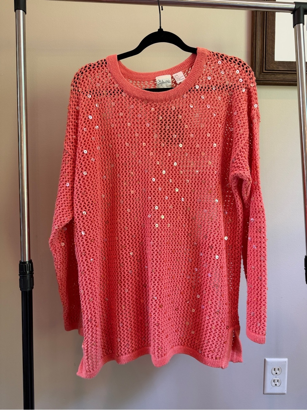 Styleworks Coral Open-Knit Beaded Sequin Crewneck Sweater